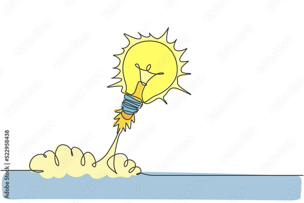 Poster one continuous line drawing of light bulb ready to take off to space logo emblem. smart bright launc