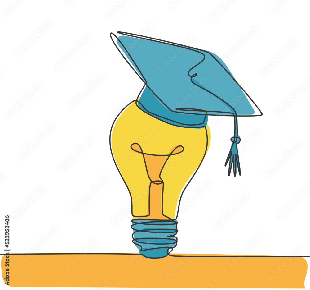 Poster one single line drawing of bright lightbulb wearing graduation cap logo identity. smart study academ