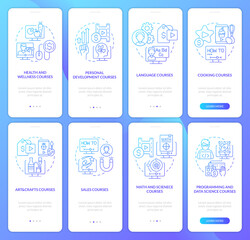 Naklejka premium Online education fields blue gradient onboarding mobile app screen set. Walkthrough 4 steps graphic instructions with linear concepts. UI, UX, GUI template. Myriad Pro-Bold, Regular fonts used