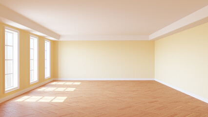 Empty Sunny Interior Room with Beige Walls, Three Large Windows, White Ceiling Cornice, Glossy Herringbone Parquet Floor and a White Plinth. 3D render with a Work Path on the Windows. 8K Ultra HD