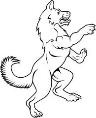 A pet dog or wolf animal standing on hind legs in a heraldic rampant coat of arms pose 