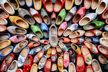 Zapatos de madera adornados con diferentes motivos regionales colgados en una pared.. Zuecos de...