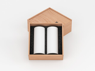 Two white tin Can Mockup in Wooden Box, 3d rendering