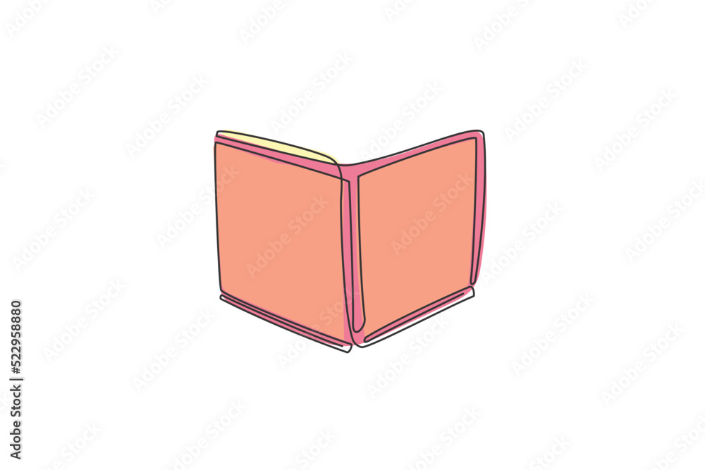 Poster single continuous line drawing of open textbook for publishing company logo label. educational handb