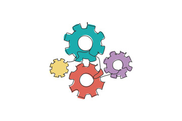 Single continuous line drawing of metal wheel round gear for machinery office logo label. Mechanical company logotype icon concept. Modern one line draw graphic design vector illustration