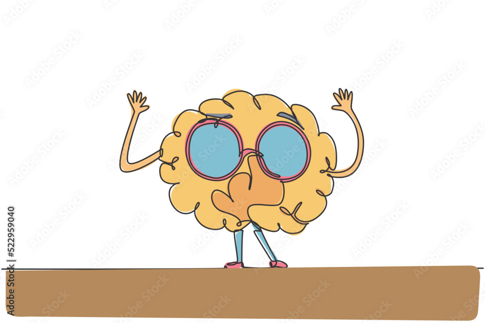 Poster one single line drawing of nerd human brain wearing round retro glasses logo identity. old funny cut