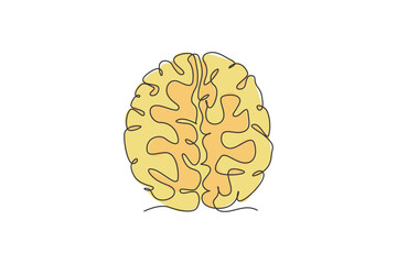 Single continuous line drawing of smart human brain from top view logo label. Psychology office logotype icon concept. Modern one line draw graphic design vector illustration