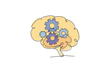 One continuous line drawing of metal round wheel gear inside human brain for company logo icon. Smart machine logotype symbol template concept. Trendy single line draw design vector illustration