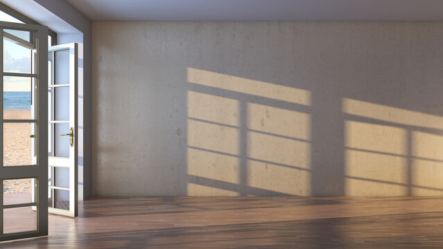 Empty Hotel Room with Open Doors Overlooking the Beach, Yellow Sand and Clouds. Sea View Interior with Dark Parquet and Sun Rays Falling on the Beige Stucco wall . 3d rendering, Ultra HD 8K, 7680x4320