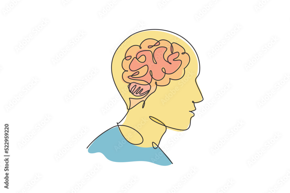 Poster one continuous line drawing of human head with smart brain inside from side view logo icon. psycholo