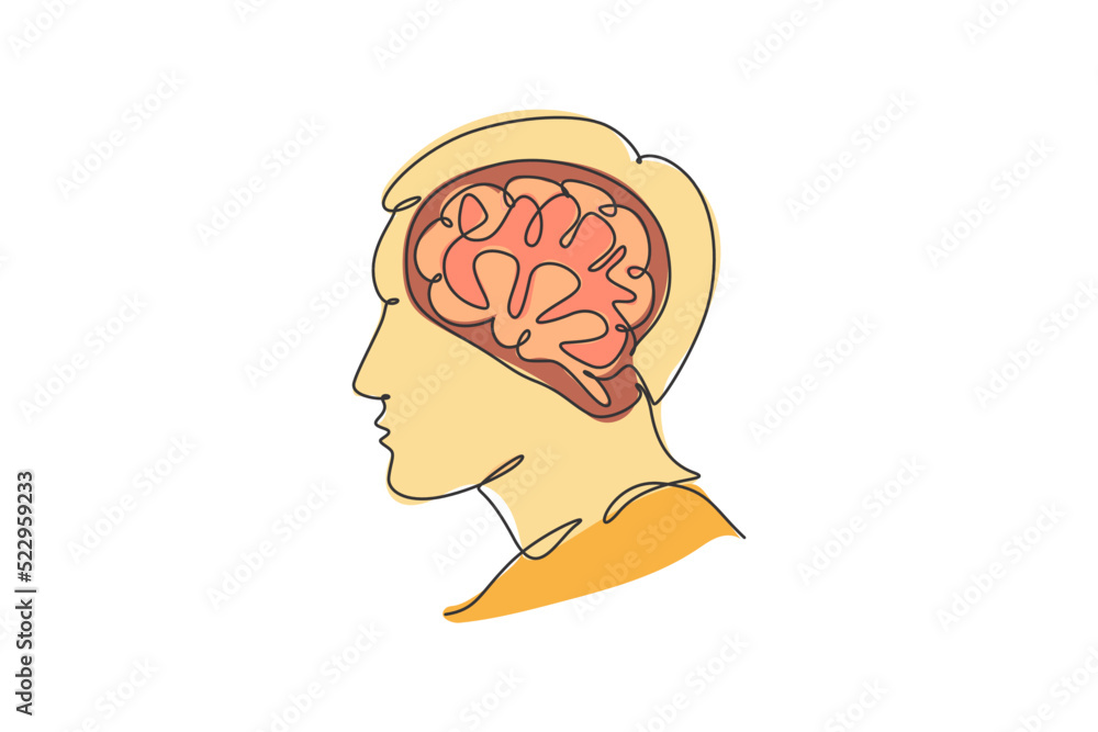 Aufkleber one single line drawing of human head with brain inside from side view logo identity. psychology off