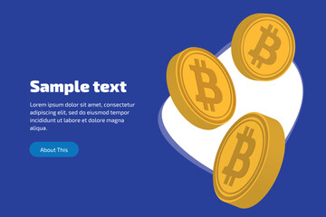 Three digital virtual cryptocurrency bitcoin gold coins on abstract white spot and dark blue background. Left center there is space for your text. Template for cover, flyer or banner.