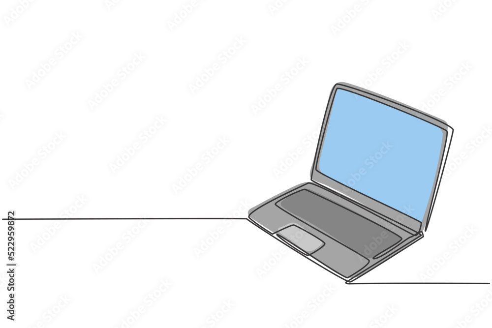 Poster one continuous line drawing of thin laptop for supporting business. portable computer to make work m