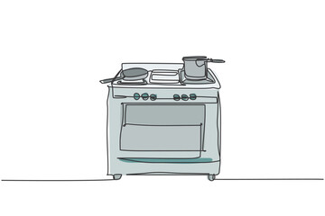 One single line drawing of gas stove with oven home appliance. Electricity household kitchenware tools concept. Dynamic continuous line draw design graphic vector illustration