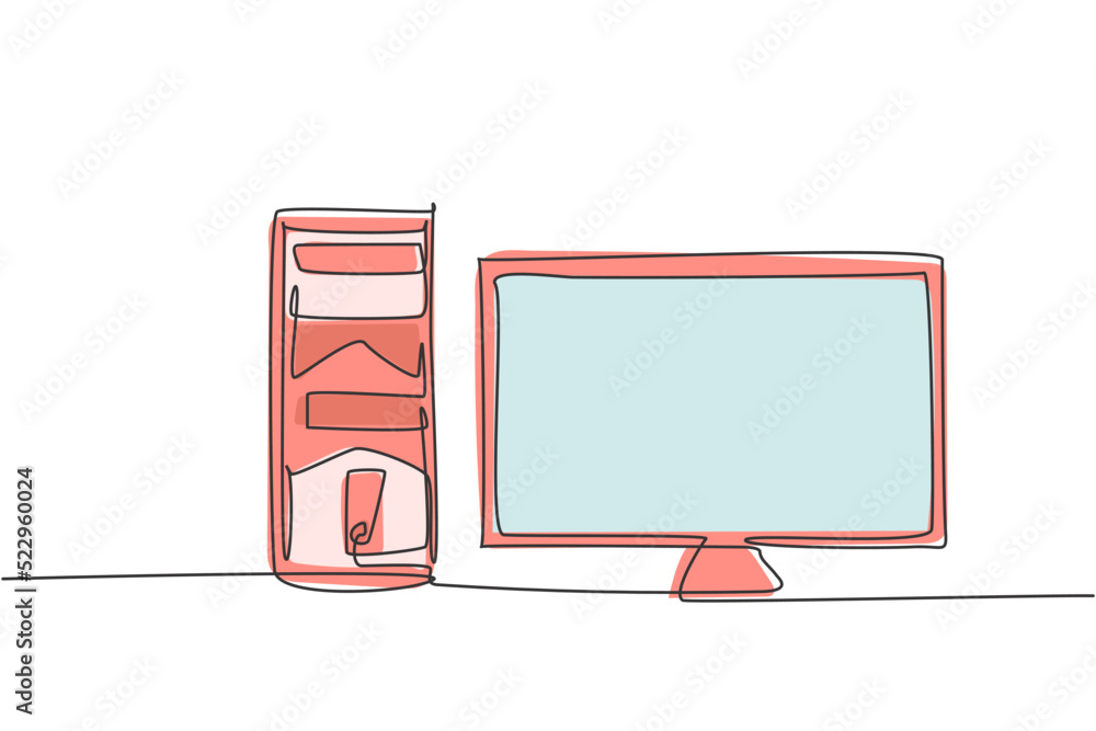 Poster single continuous line drawing of cpu computer and screen monitor. electronic business company tools