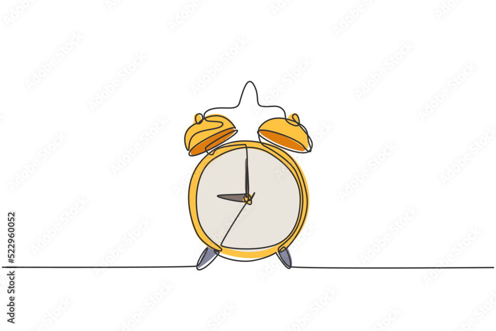 Poster single continuous line drawing of retro classic metal alarm clock with ring bell. loud ringing alarm