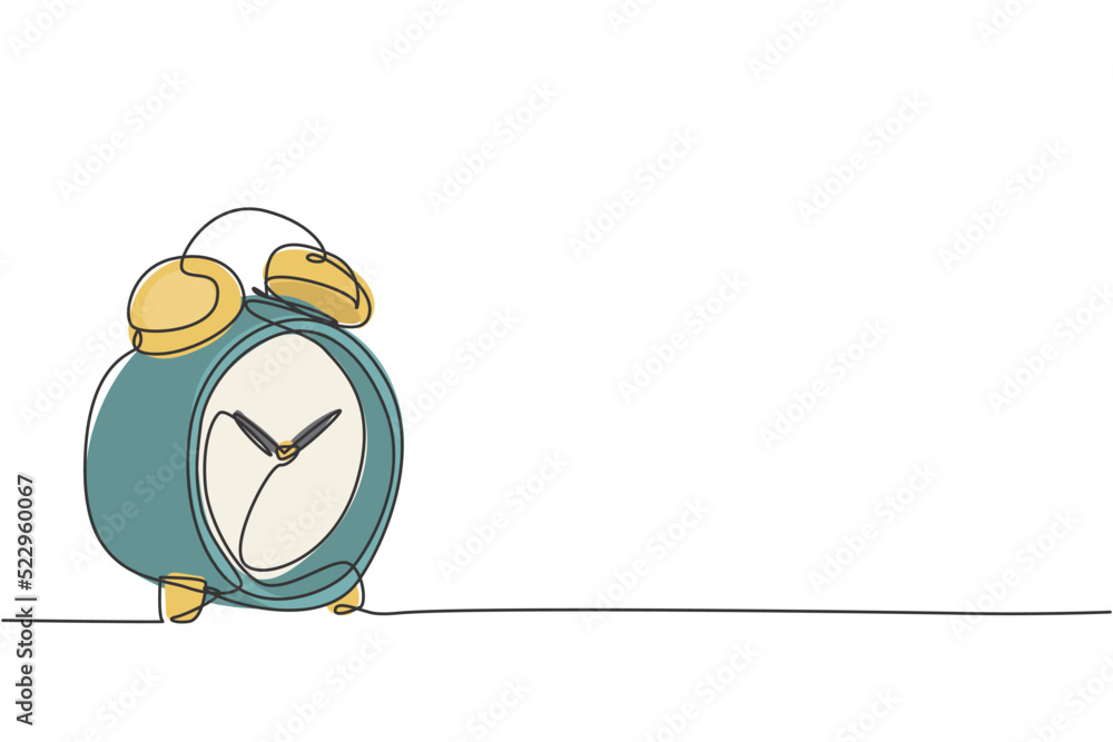 Poster single continuous line drawing of classic alarm clock with ring bell. wake up timer tools concept. m