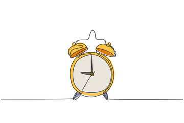 Single continuous line drawing of retro classic metal alarm clock with ring bell. Loud ringing alarm timer for waking up reminder concept. Modern one line draw design graphic vector illustration