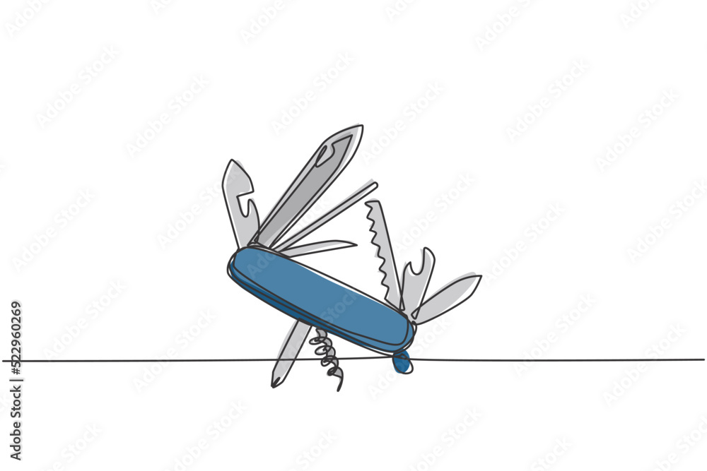 Poster one single line drawing of multi purpose pocket knife with blade, scissor, hover, opener. camping ou