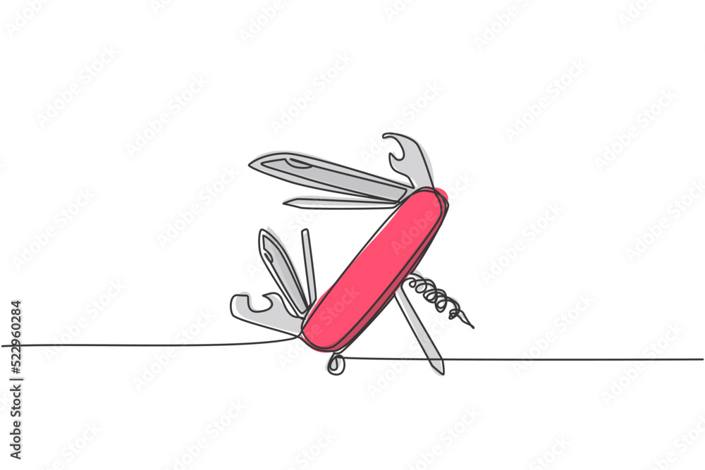 Poster single continuous line drawing of multi purpose pocket knife for outdoor camping equipment. multi fu