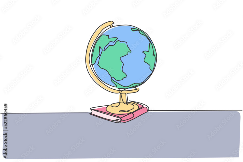 Poster earth globe above books stack. single continuous line world global map graphic icon. simple one line