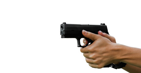 Isolated 9mm pistol gun holding in hands.
