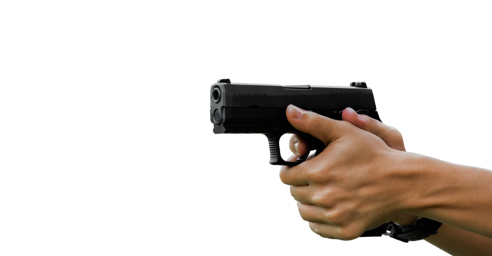Isolated 9mm pistol gun holding in hands.