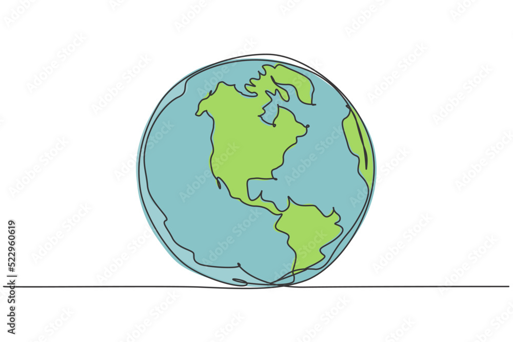 Poster round earth globe. continuous one line drawing of world map minimalist vector illustration design on