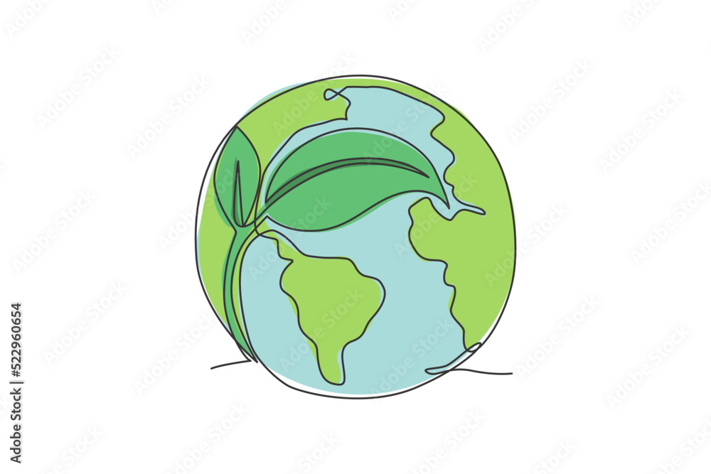 Poster green leaf on globe. single continuous line world natural global map graphic icon. simple one line d