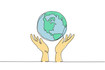 Single one line drawing of hands holding earth logo. World protect icon silhouette for education concept. Infographics presentation isolated on white background. Design vector graphic illustration