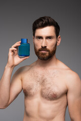 Fototapeta premium shirtless man with beard holding bottle with after shave product isolated on grey.