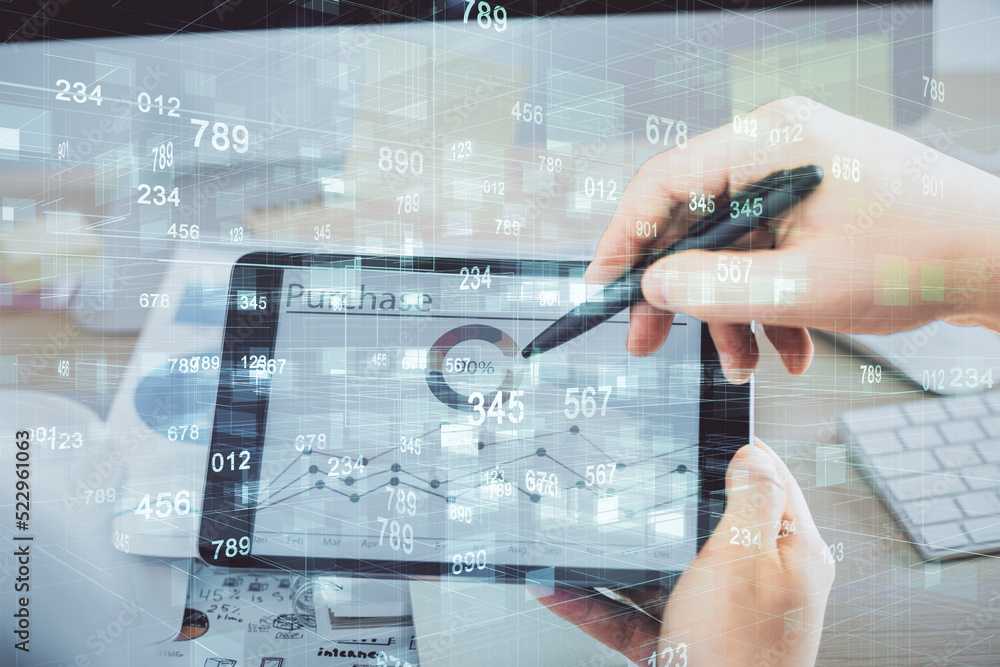 Poster Multi exposure of man's hands holding and using a digital device and data theme drawing. Innovation concept.