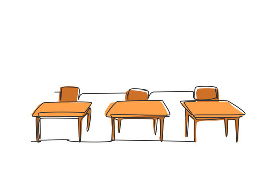 Single one line drawing of school chair and table inside a kindergarten classroom. Back to school minimalist, education concept. Continuous simple line draw style design graphic vector illustration