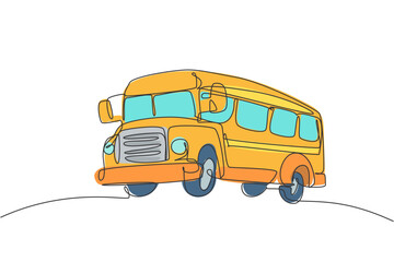 Single one line drawing of old classic school bus for elementary school student. Back to school minimalist, education concept. Continuous simple line draw style design graphic vector illustration