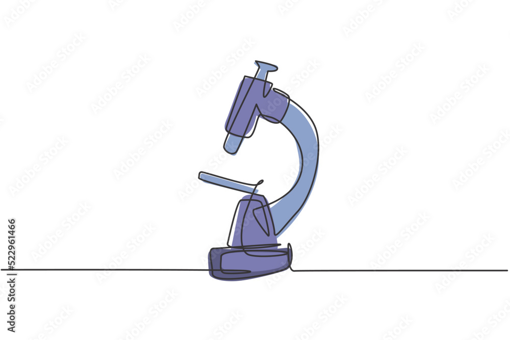 Poster single continuous line drawing of microscope on school library to learn chemistry study. back to sch