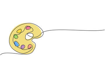 Continuous one line drawing of color palette with oil paint. Back to school hand drawn minimalism concept. Single line draw design for art education vector graphic illustration