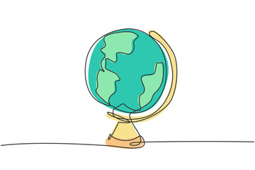 Continuous one line drawing round world globe map. Back to school hand drawn minimalism concept. Single line draw design for geography education vector graphic illustration
