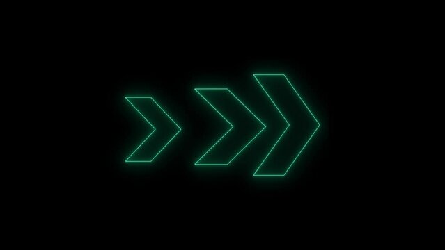 Glowing neon three-line right arrow animated indicator.