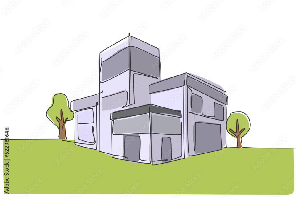 Aufkleber single continuous line drawing luxury house building at big city. home architecture property isolate