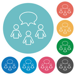 Three talking persons with oval bubble outline flat round icons