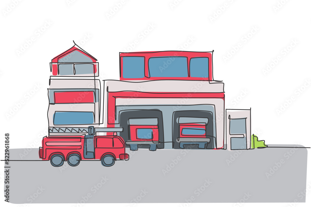 Poster single continuous line drawing of fire station building construction. firefighter base camp isolated