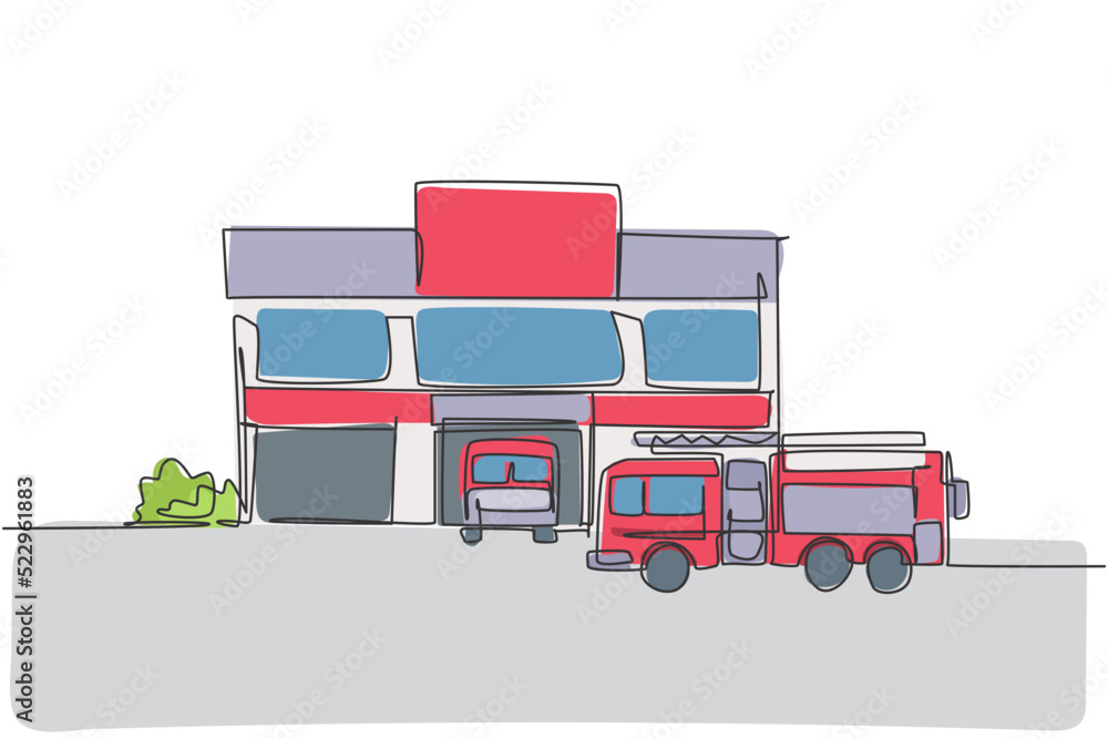 Poster single continuous line drawing of fire station building construction. firemen basecamp office isolat