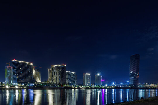 Kula Belgrade dominates the skyline of the Belgrade waterfront at night