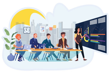 Woman making presentation in the office before the colleagues. Shareholders meeting. CEO. Teamwork, briefing. Negotiations.