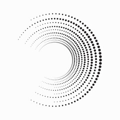 Halftone circular spiral logo set. Circular dotted isolated on the white background. Halftone fabric design. Halftone circle dots texture. Vector design element for various purposes.