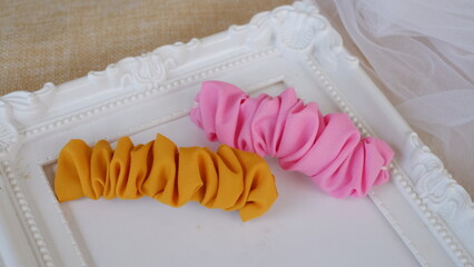 Handmade hair accessories made out of cotton fabric and barrette hair clip with ruffled fabric...