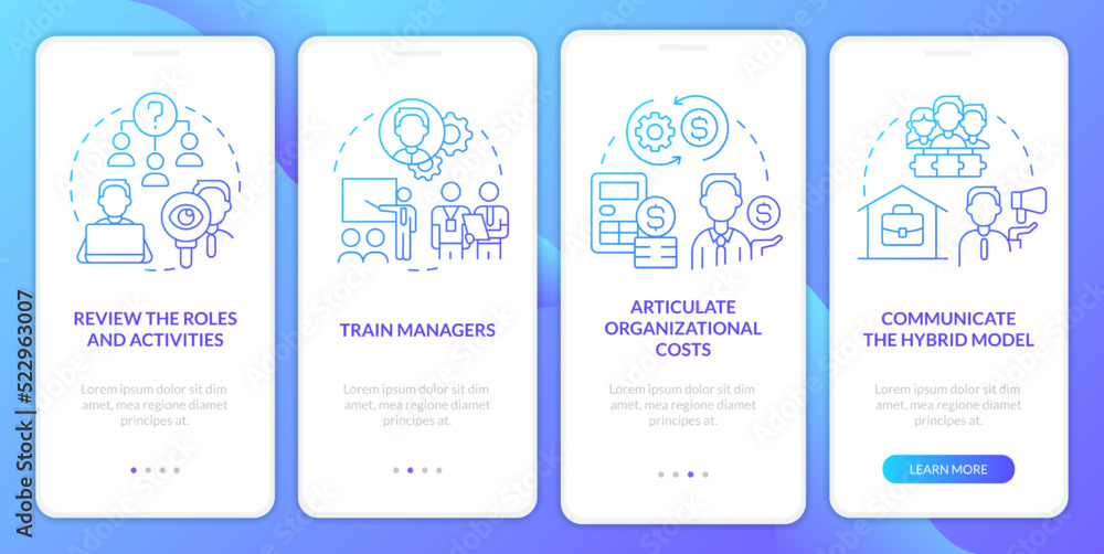 Aufkleber steps to transformation blue gradient onboarding mobile app screen. remote work walkthrough 4 steps 