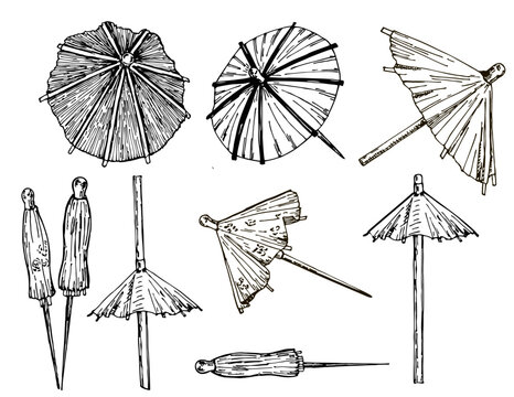 Cocktail umbrella. Cocktail umbrella sketch set. Hand drawn vector illustration isolated on white background.