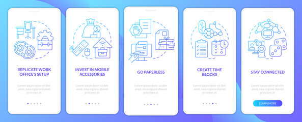 Naklejka premium Remote work productivity tips blue gradient onboarding mobile app screen. Walkthrough 5 steps graphic instructions with linear concepts. UI, UX, GUI template. Myriad Pro-Bold, Regular fonts used