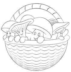 Cartoon basket of mushroom for coloring page.